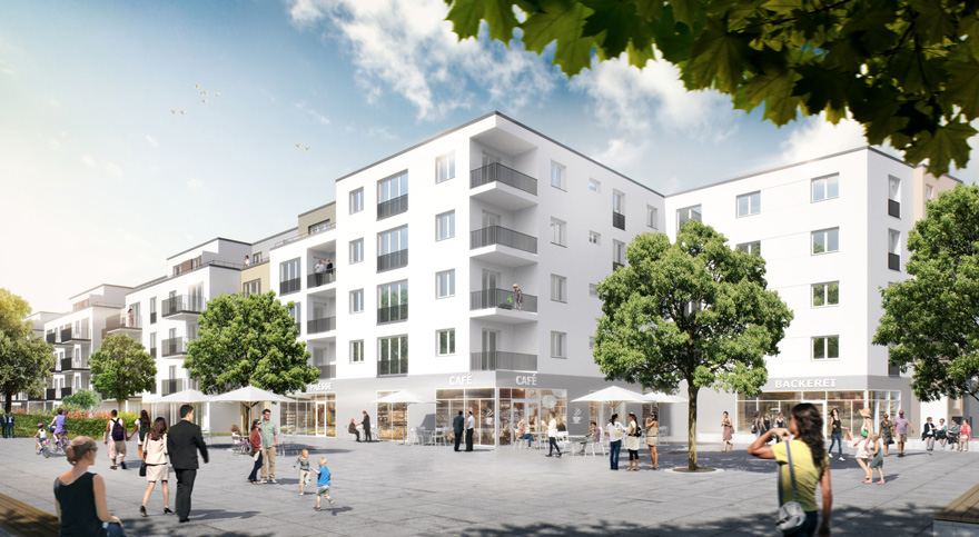 Mehrfamilienhäuser mit Gewerbe-Immobilien Visualisierung der geplanten Mehrfamilienhäuser in der neuen Wohnsiedlung in Falkenberg
