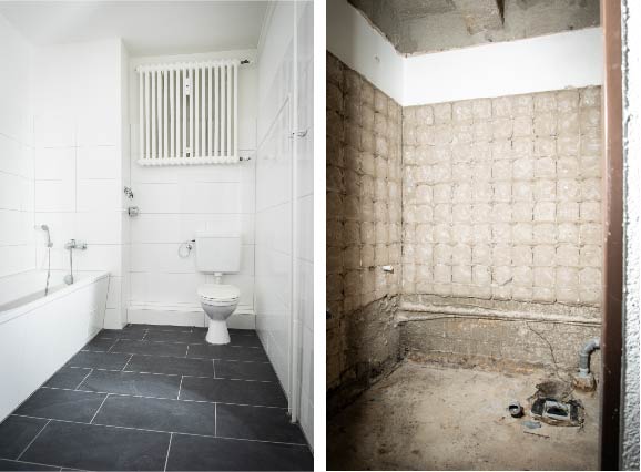 2 Badezimmer im Vergleich: Das Badezimmer links ist fertig renoviert, das Badezimmer rechts befindet sich noch in der Renovierungsphase. 