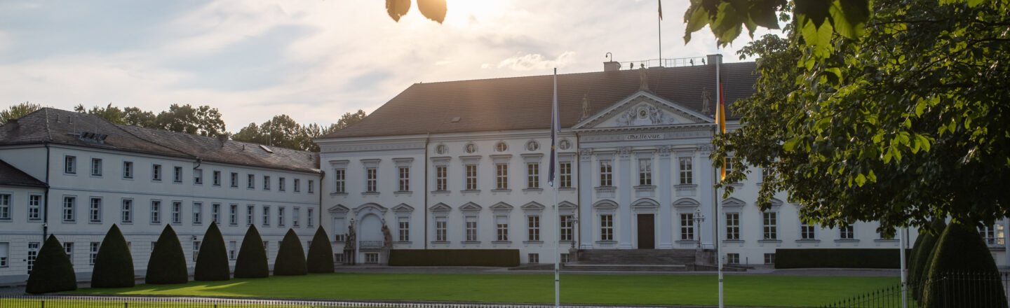 Schloss Bellevue im Abendlicht: weiße Fassade, weiter grüner Rasen mit Fahnenmasten, eingerahmt von Bäumen unter hellem Himmel.