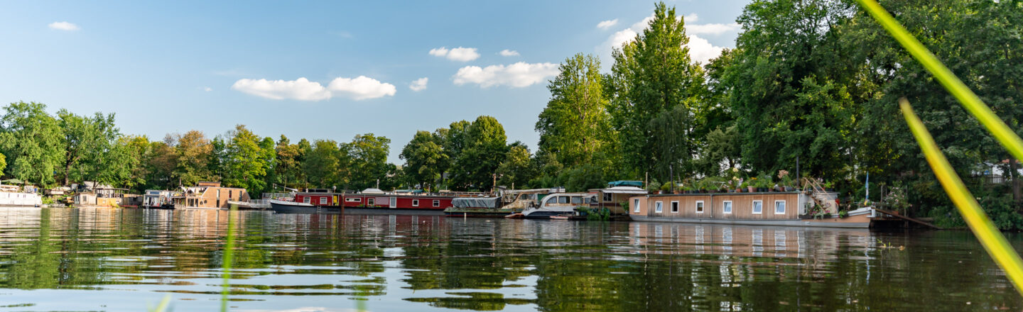 Idyllischer Fluss mit bunten Hausbooten am grünen Ufer, ruhiges Wasser spiegelt Bäume und Himmel, Schilf im Vordergrund, Sommerstimmung.