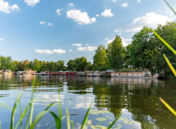 Idyllischer Fluss mit bunten Hausbooten am grünen Ufer, ruhiges Wasser spiegelt Bäume und Himmel, Schilf im Vordergrund, Sommerstimmung.