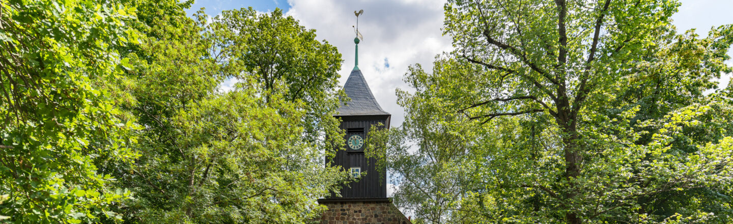 Ein Kirchturm mit einer Uhr und einem Wetterhahn ragt aus einem dichten grünen Wald hervor, von Sonnenlicht umgeben, unter einem teilweise bewölkten Himmel.