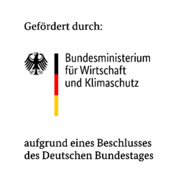 Das Bild zeigt das Logo des Bundesministeriums für Wirtschaft und Klimaschutz. Es besteht aus einem Adler, den Worten "Bundesministerium für Wirtschaft und Klimaschutz" und einem vertikalen schwarz-rot-goldenen Balken. Darüber steht "Gefördert durch:" und darunter "aufgrund eines Beschlusses des Deutschen Bundestages".