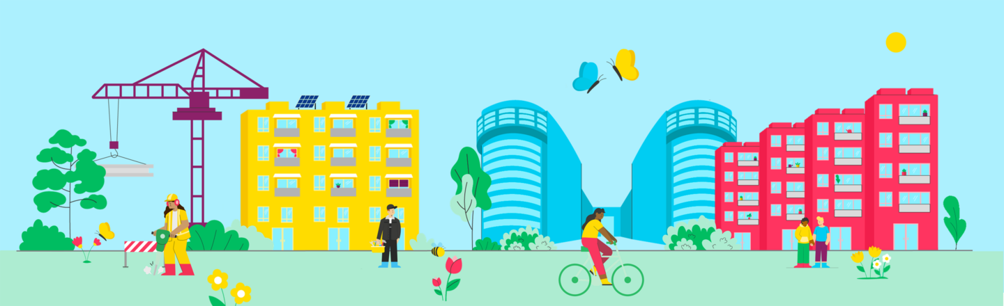 Bunte Stadtillustration mit Baustelle, gelbem und rotem Wohnhaus, modernen Türmen, Menschen beim Arbeiten, Radfahren und Spazieren.