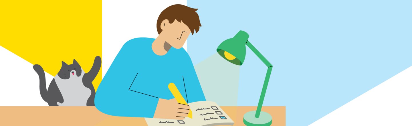 Illustration: Person schreibt mit gelbem Stift an Schreibtisch, grüne Lampe leuchtet aufs Heft, daneben streckt eine graue Katze die Pfoten.