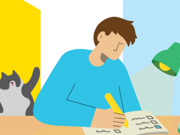 Illustration: Person schreibt mit gelbem Stift an Schreibtisch, grüne Lampe leuchtet aufs Heft, daneben streckt eine graue Katze die Pfoten.