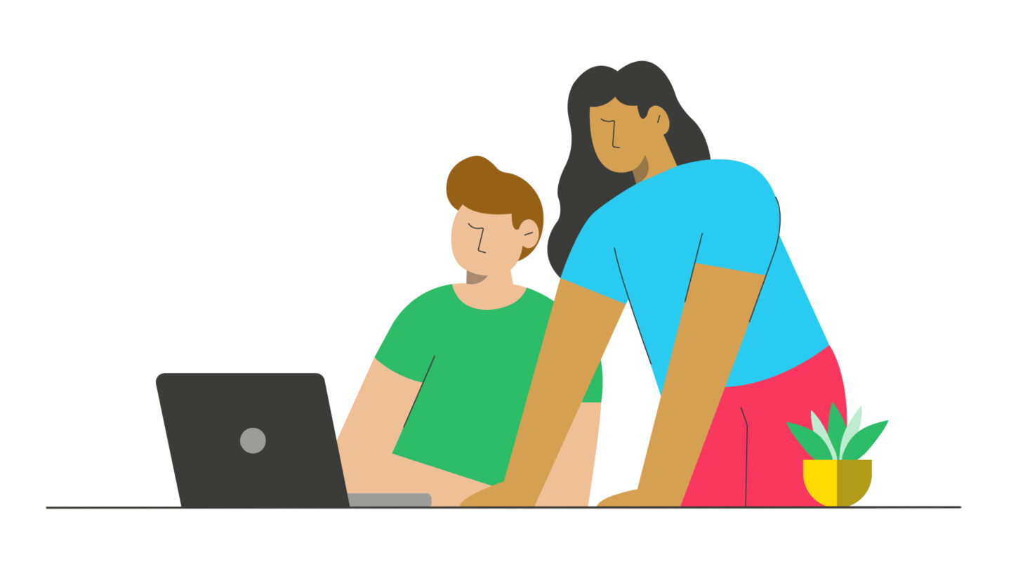 Illustration: Zwei Personen schauen gemeinsam auf einen Laptop, eine sitzt, eine steht daneben; rechts vorne steht eine Pflanze.