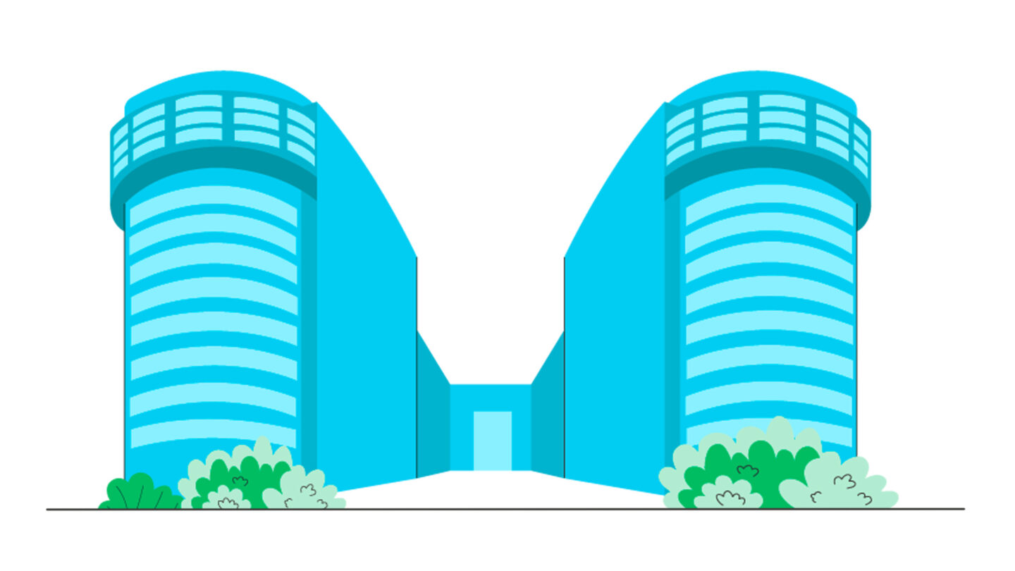 Illustration: Zwei runde, moderne Hochhäuser mit Glasbalkonen, verbunden durch einen niedrigen Mittelbau; vorne grüne Büsche.
