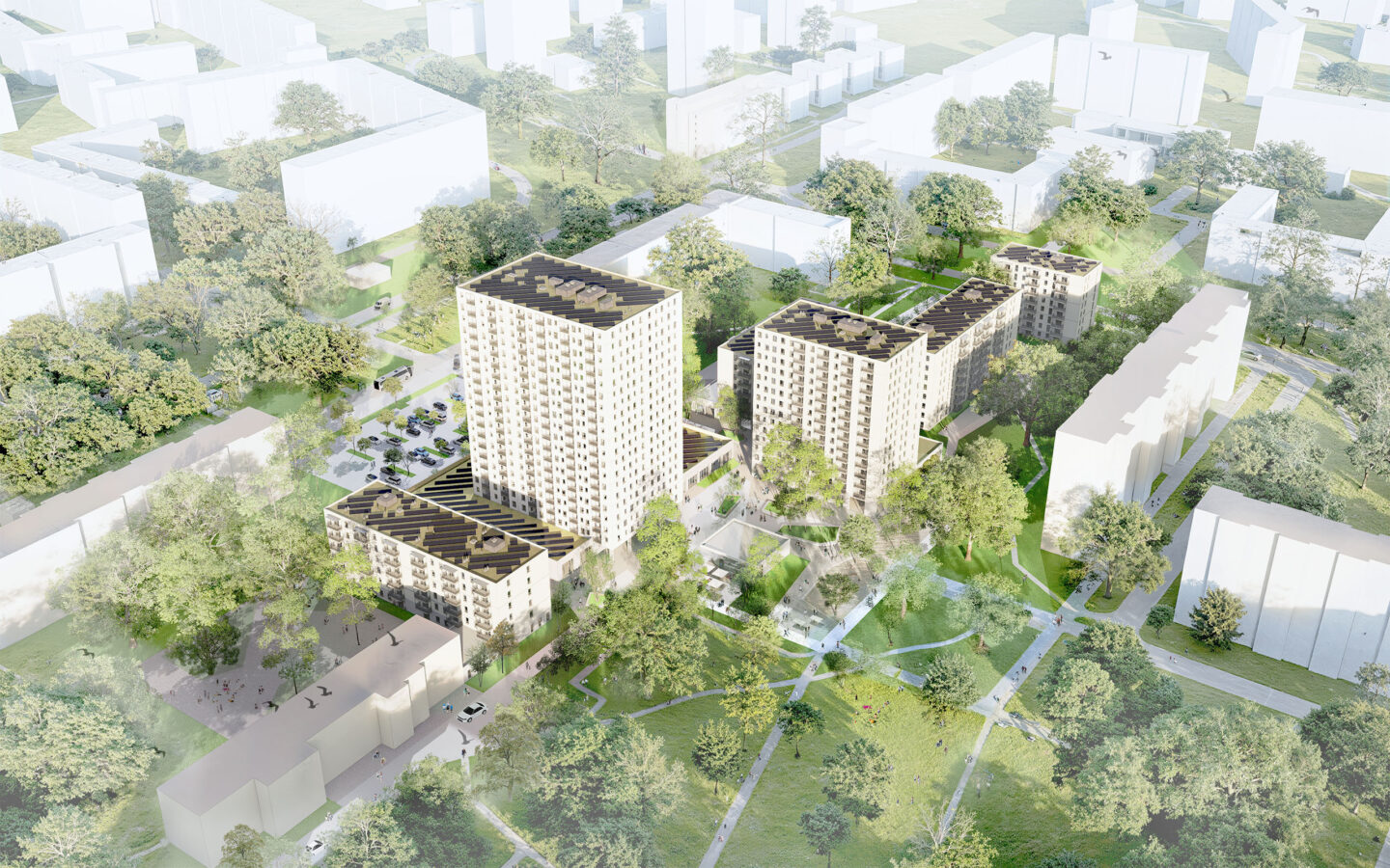 Visualisierung eines Wohnquartiers mit mehreren orangefarbenen Hochhäusern, Grünflächen und Wegen, eingebettet in eine lockere Stadtbebauung.