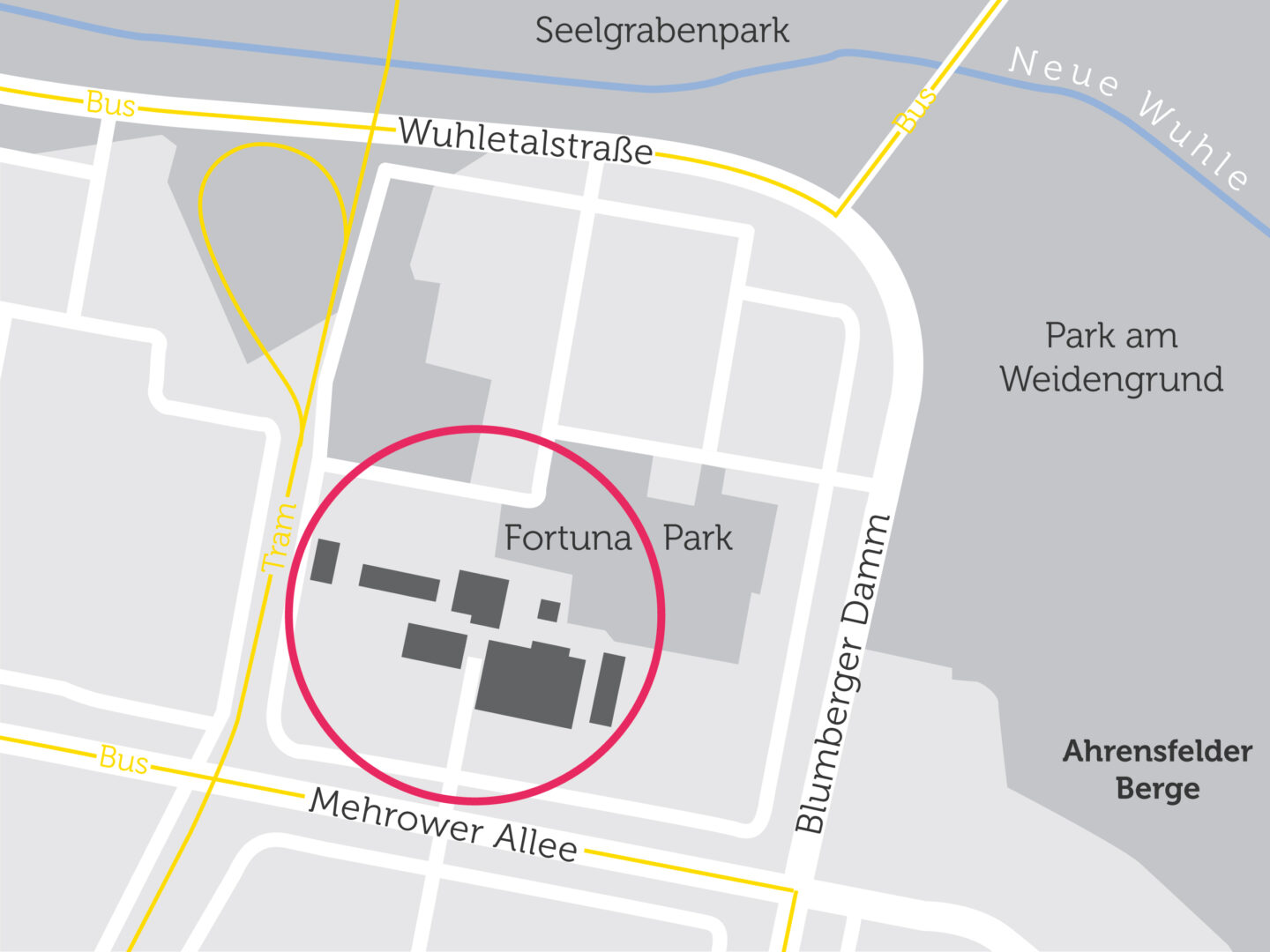 Stadtplan mit Fortuna Park zwischen Wuhletalstraße, Mehrower Allee und Blumberger Damm, umgeben von Parks, Bus- und Tramlinien.