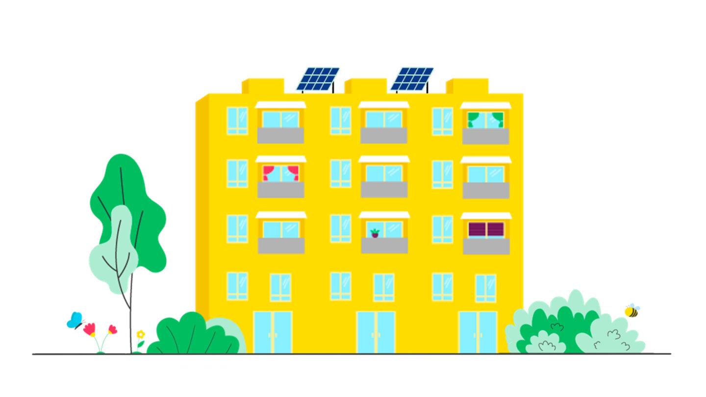 Gelbes Mehrfamilienhaus mit Balkonen, Solarpanels auf dem Dach, umgeben von Bäumen, Blumen und Sträuchern auf schwarzem Hintergrund.