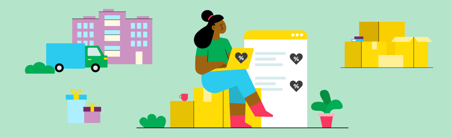 Illustration: Person sitzt auf Kartons mit Laptop vor Browserfenster, umgeben von Lieferwagen, Geschenken, Pflanzen und gelben Paketen.