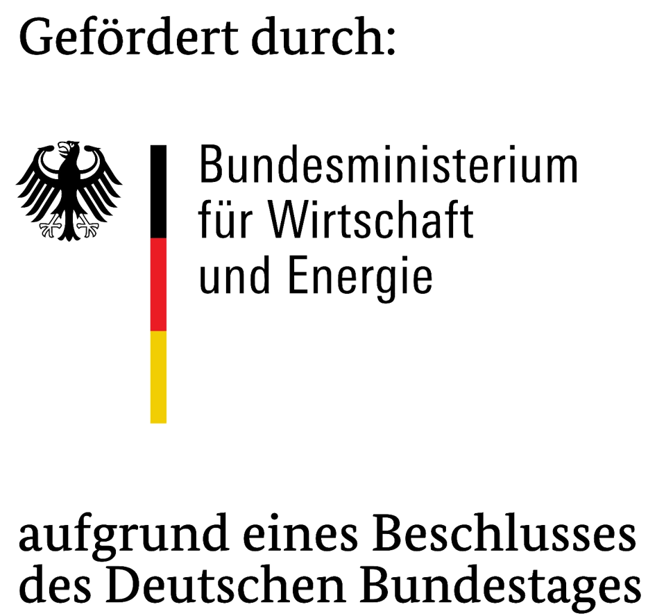 Logo: Bundesadler, schwarz-rot-goldene Flagge und Schriftzug „Gefördert durch das Bundesministerium für Wirtschaft und Energie“