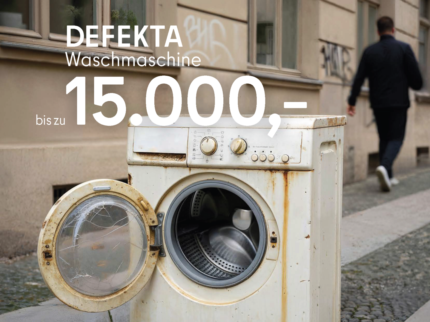 Verrostete, kaputte Waschmaschine mit zerstörter Tür steht auf Straße vor Haus; darüber Text „Defekta Waschmaschine bis zu 15.000,-“.
