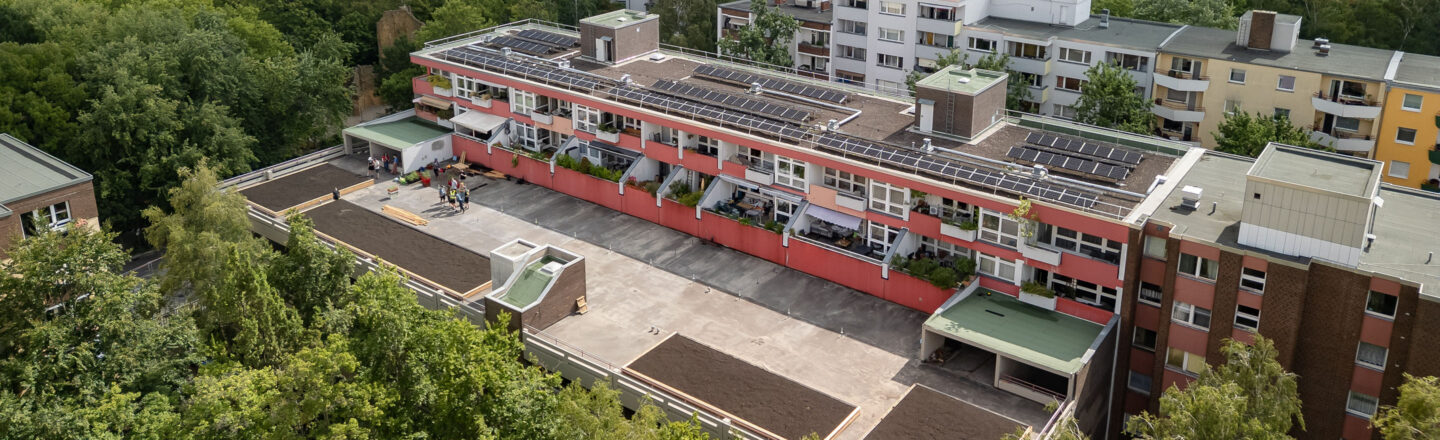 Luftaufnahme eines Gebäudes mit begrünten Flachdächern und Solaranlagen; auf einer freien Dachfläche davor bereiten Menschen lange Beete vor.
