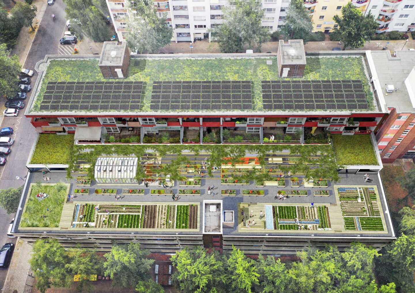 Dachgarten auf einem Gebäude mit verschiedenen Pflanzbeeten, einem Gewächshaus und Solarpanelen auf dem Dach. Menschen sind im Garten beschäftigt. Das Gebäude ist von Bäumen und anderen Wohnhäusern umgeben.